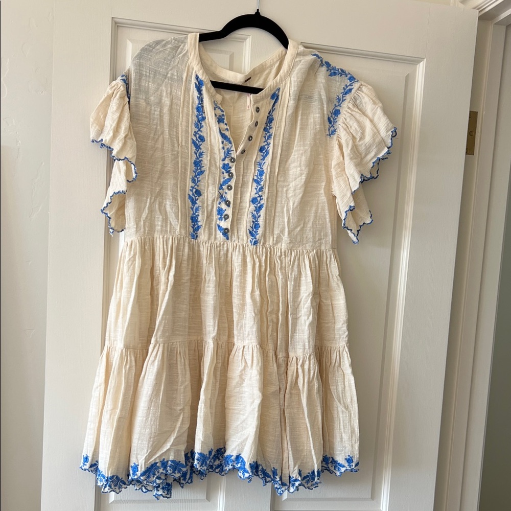 Free People Cream and Blue Embroidered Mini Dress